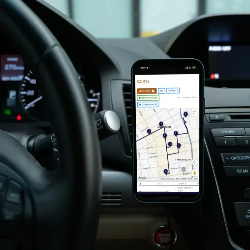 Looking at the BevTrack app in the car, creating a new route on the fly
