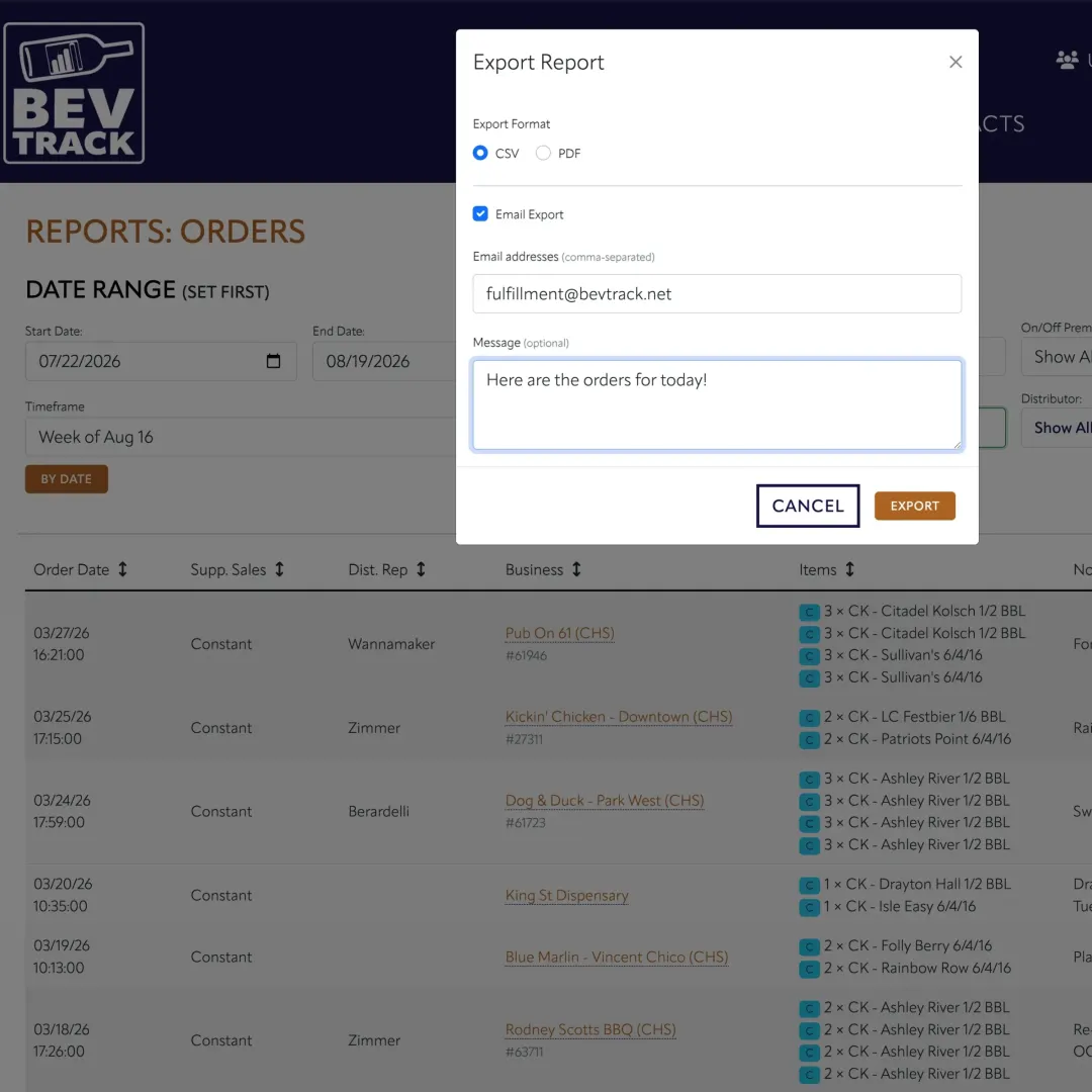Exporting orders on BevTrack is fast and easy